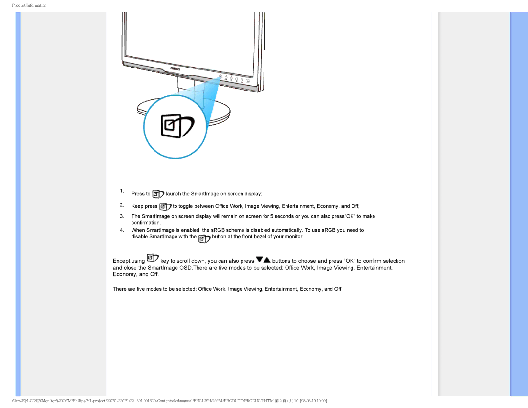 Philips 220BI, 220PI user manual Product Information 