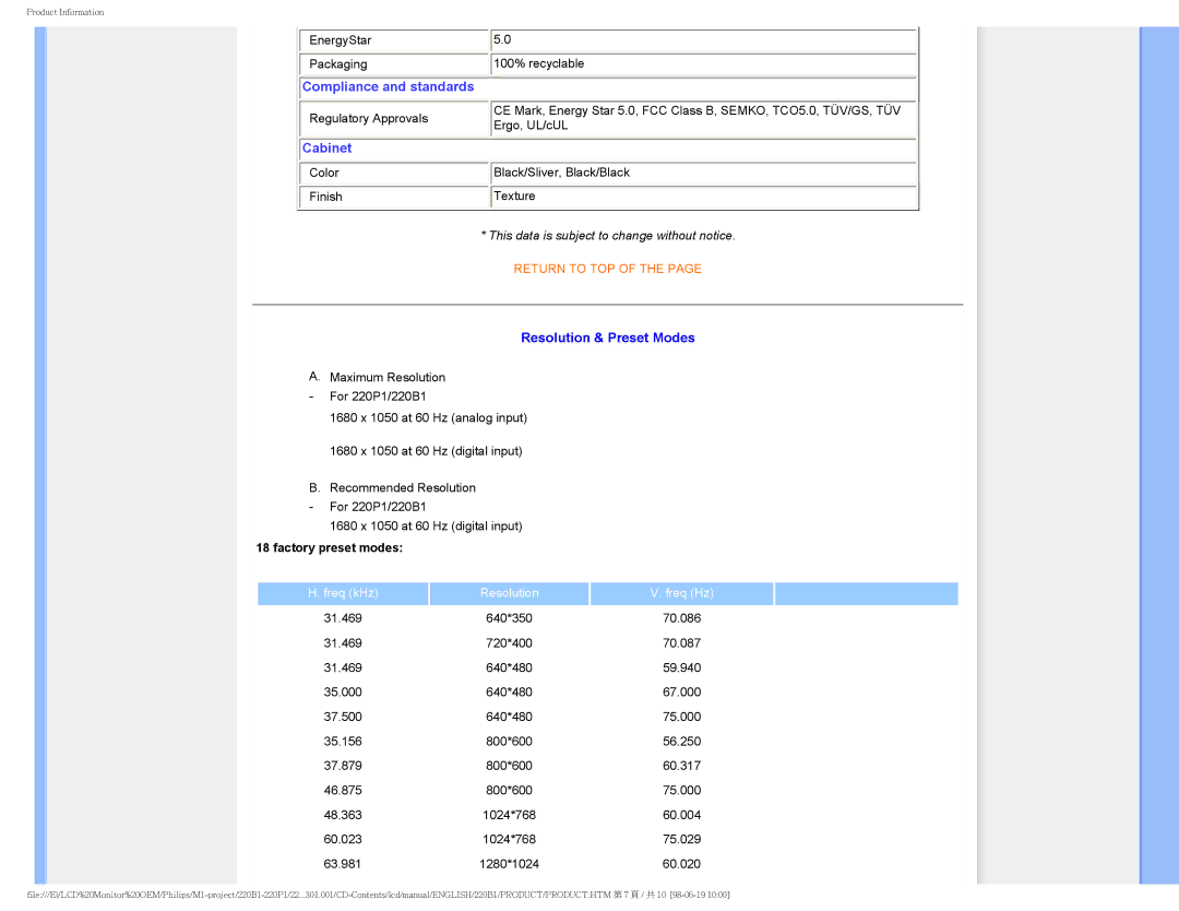 Philips 220PI, 220BI user manual Compliance and standards 