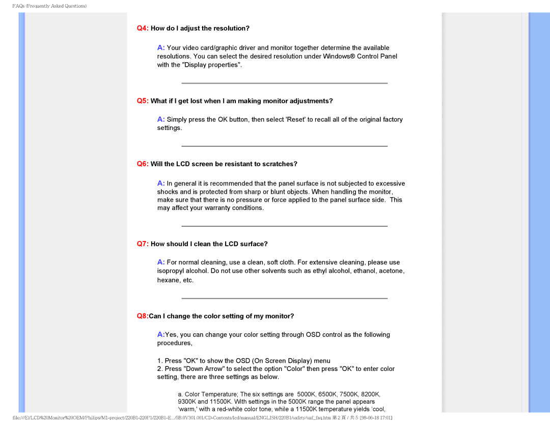 Philips 220BI, 220PI user manual Q4 How do I adjust the resolution? 