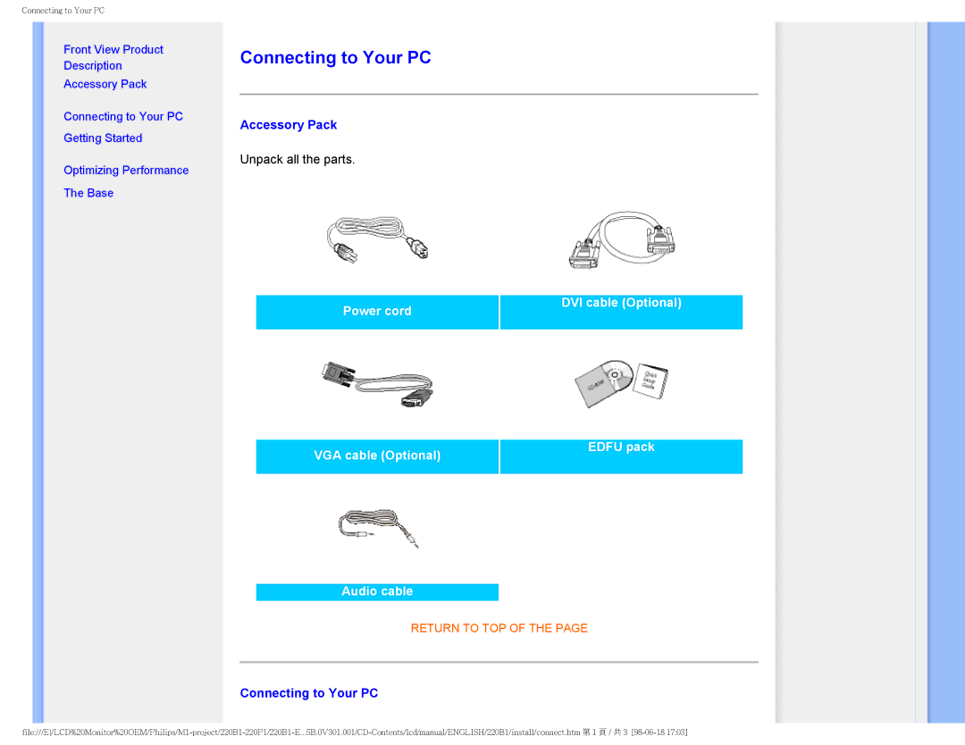 Philips 220PI, 220BI user manual Connecting to Your PC, Accessory Pack 