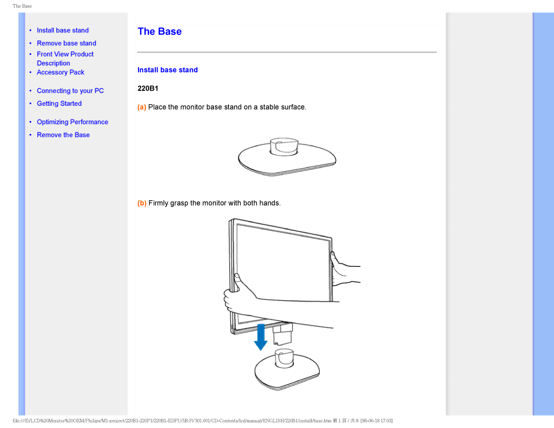 Philips 220BI, 220PI user manual Base, Install base stand 