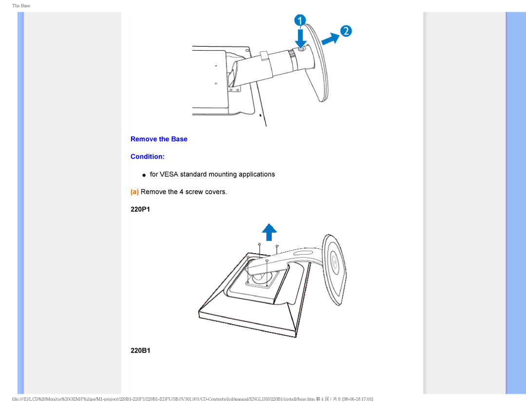 Philips 220PI, 220BI user manual Remove the Base Condition, 220P1 220B1 