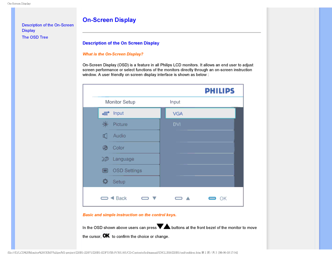 Philips 220BI, 220PI user manual On-Screen Display, Description of the On Screen Display 