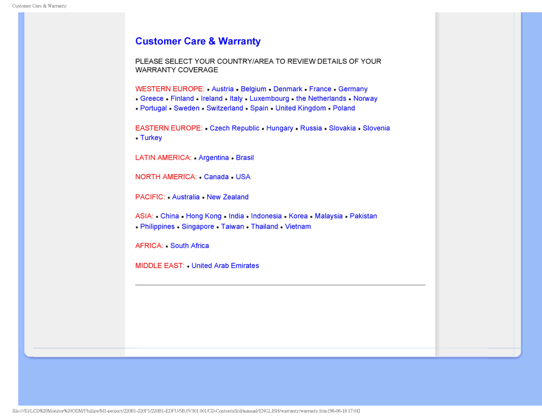 Philips 220PI, 220BI user manual Customer Care & Warranty, North America Canada USA 