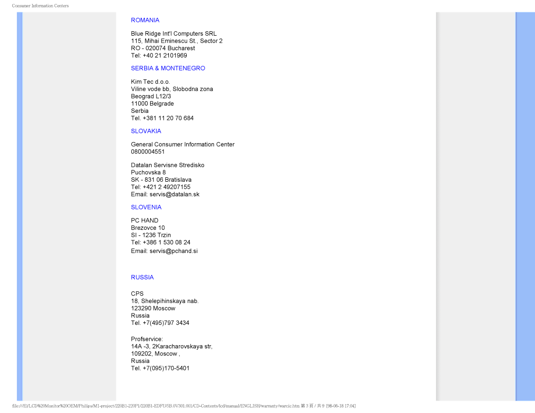 Philips 220BI, 220PI user manual Slovenia 