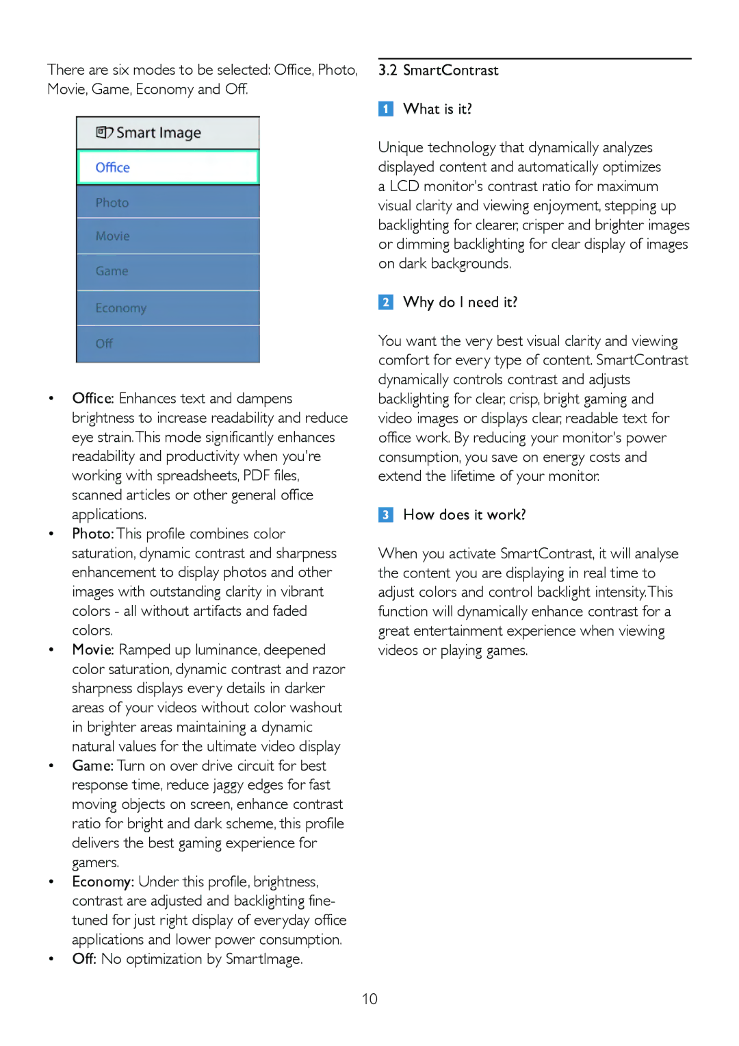 Philips 220S2plus user manual Off No optimization by SmartImage 