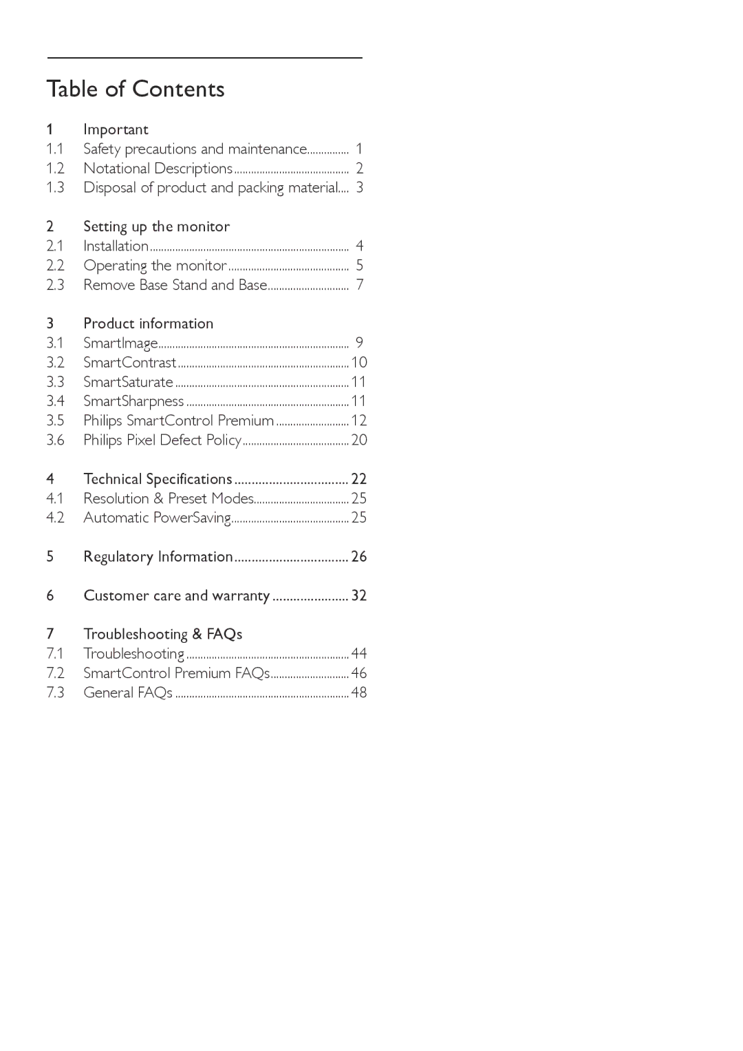 Philips 220S2plus user manual Table of Contents 