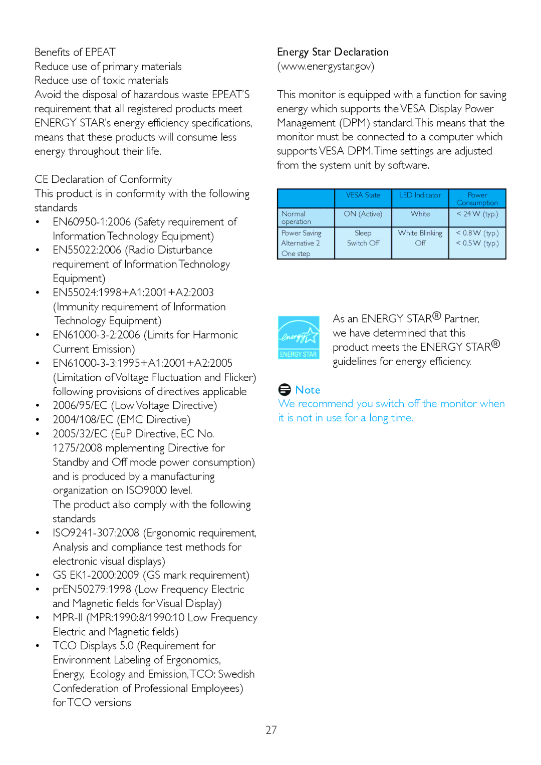 Philips 220S2plus Benefits of Epeat, EN550241998+A12001+A22003, Product also comply with the following standards 