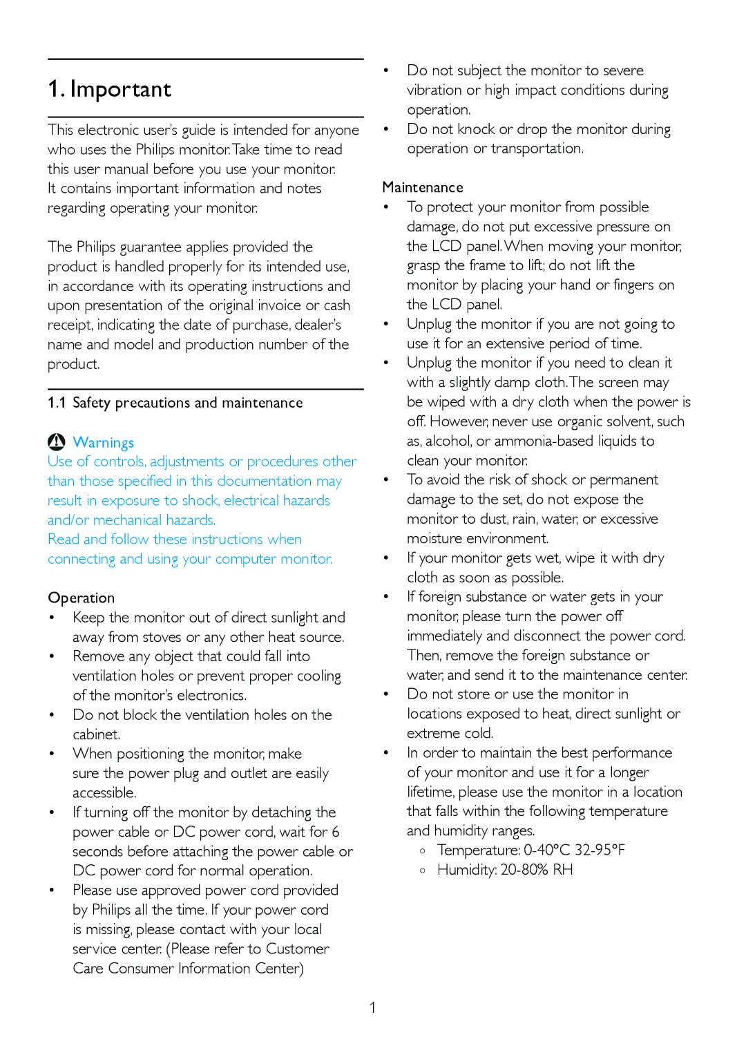 Philips 220S2plus user manual Safety precautions and maintenance, Operation, Temperature 0-40C 32-95F Humidity 20-80% RH 