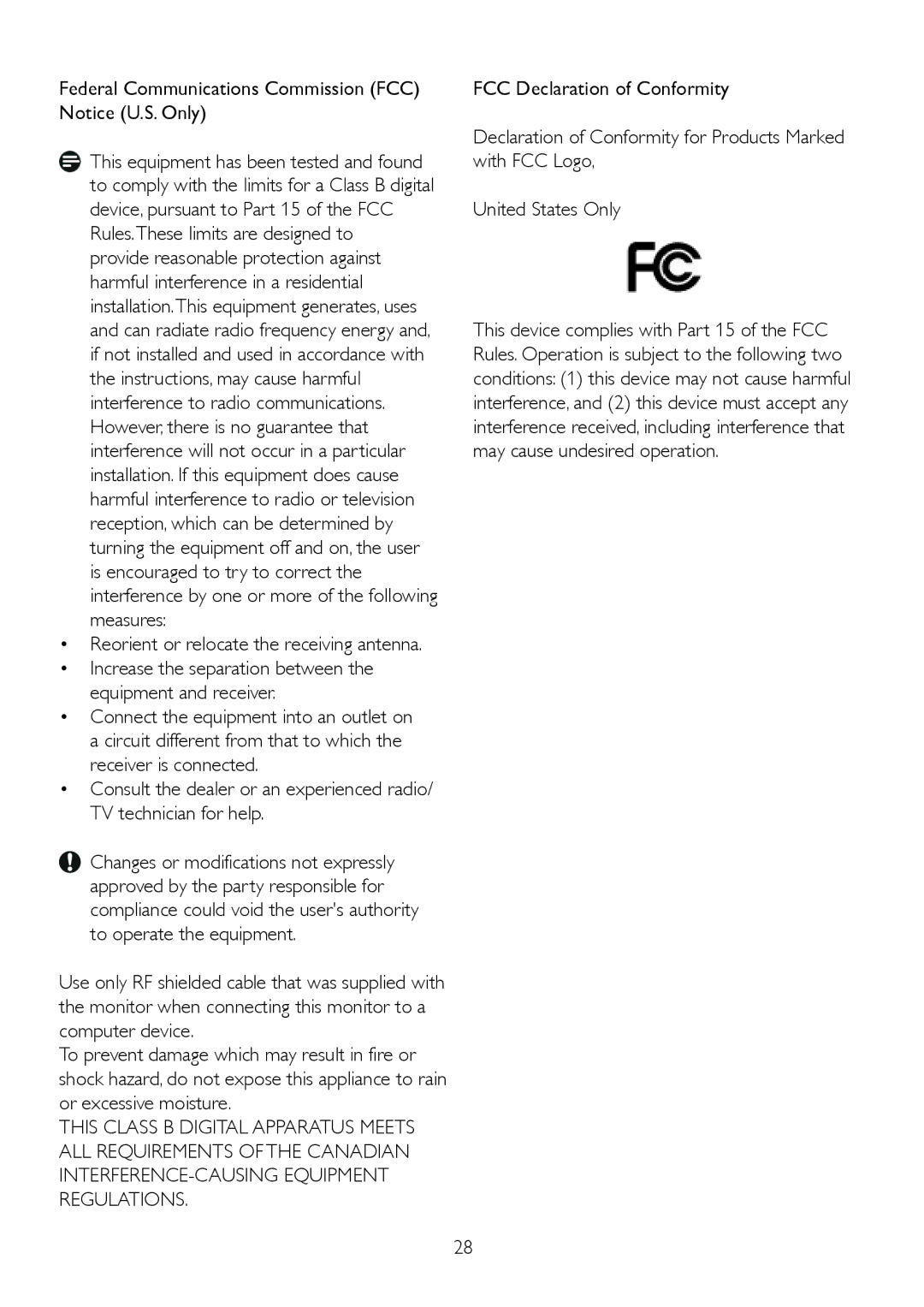 Philips 220S2 Federal Communications Commission FCC Notice U.S. Only, Reorient or relocate the receiving antenna 