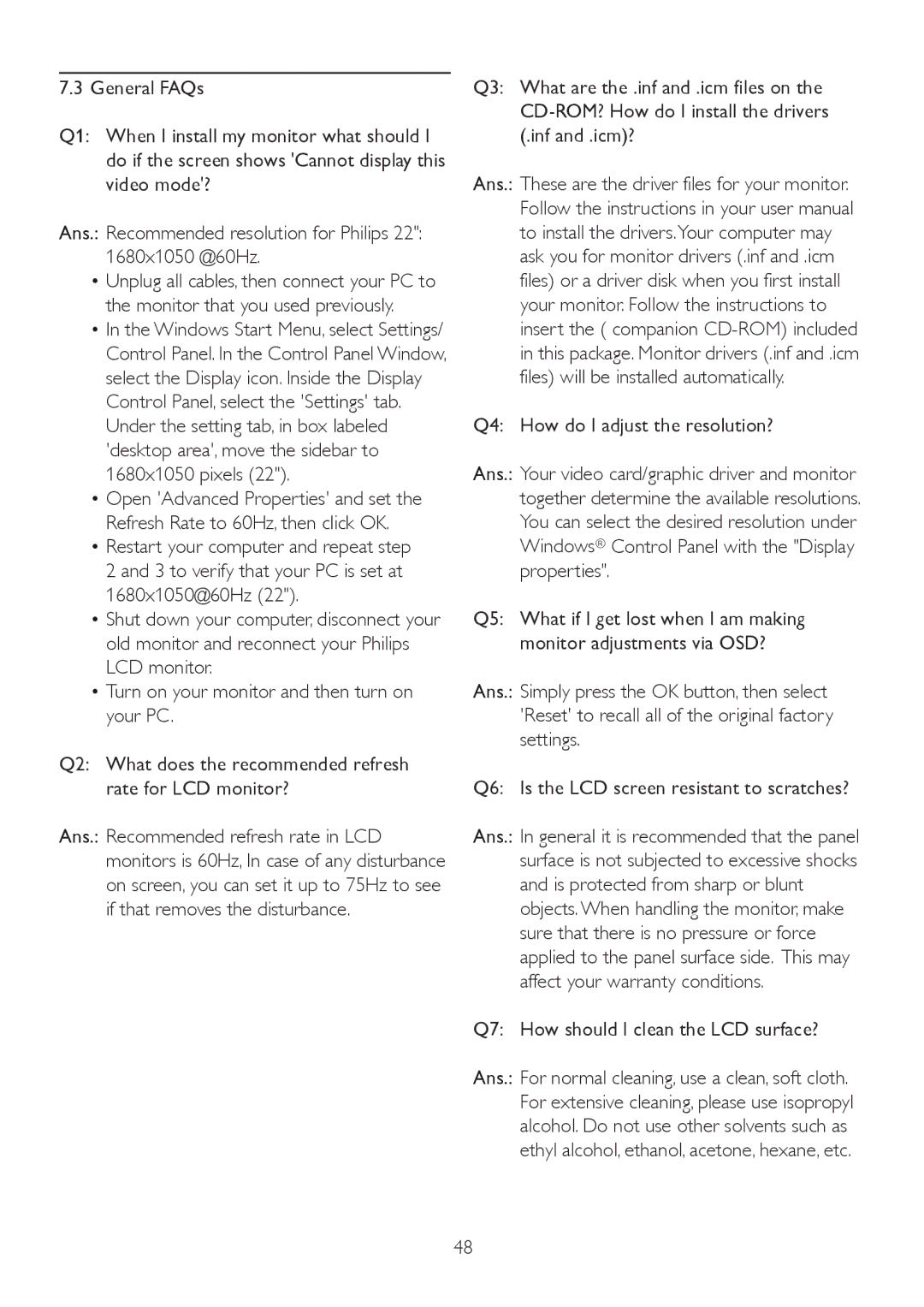 Philips 220S2plus user manual Q7 How should I clean the LCD surface? 