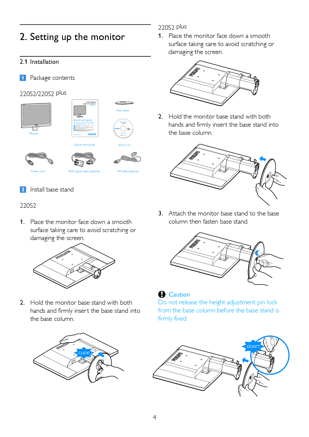 Philips 220S2plus user manual Setting up the monitor, Installation Package contents 220S2/220S2 plus 