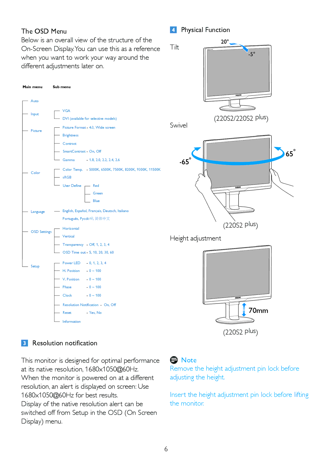 Philips 220S2plus user manual OSD Menu, Physical Function Tilt, 220S2/220S2 plus Swivel, Height adjustment 