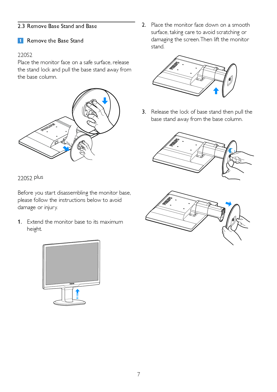 Philips 220S2plus user manual Remove Base Stand and Base Remove the Base Stand 