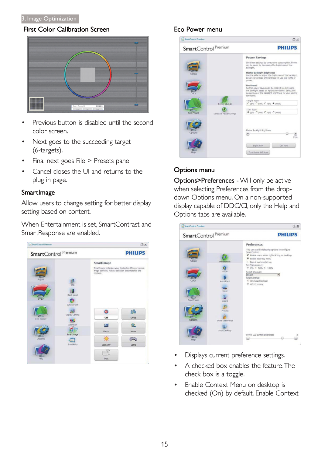 Philips 220S4LSB/27 user manual First Color Calibration Screen, SmartImage, Eco Power menu Options menu 