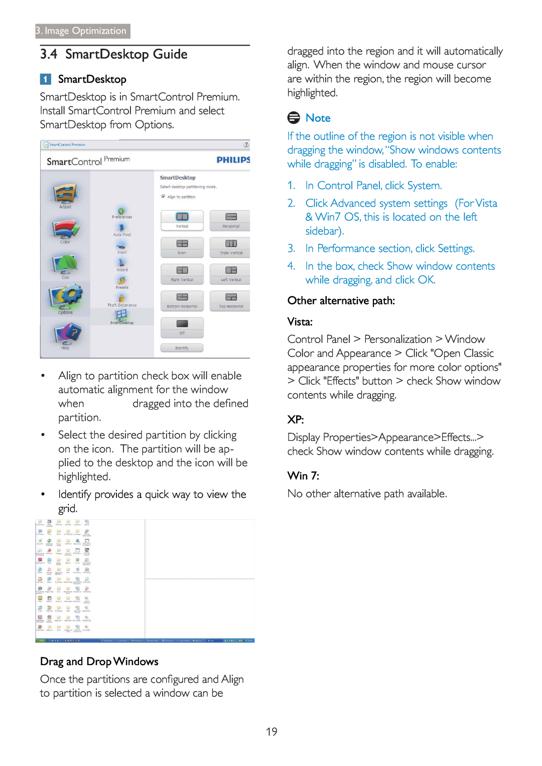 Philips 220S4LSB/27 user manual SmartDesktop Guide, Identify provides a quick way to view the grid Drag and Drop Windows 