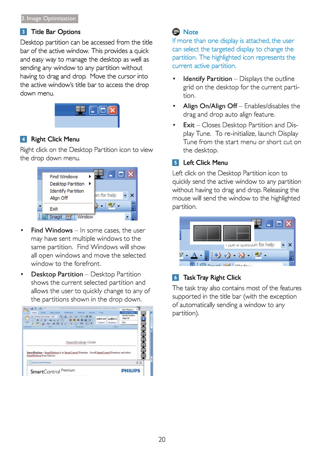 Philips 220S4LSB/27 user manual Title Bar Options, Right Click Menu, Left Click Menu, Task Tray Right Click 
