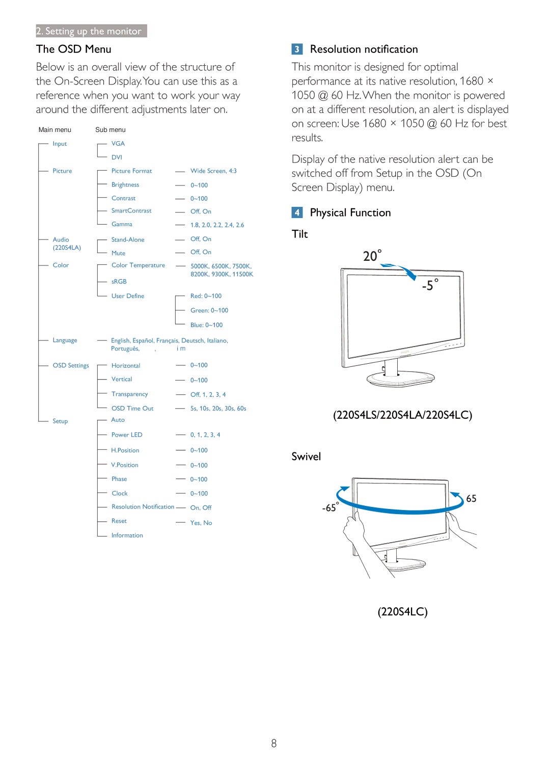 Philips 220S4LSB/27 user manual OSD Menu, Physical Function Tilt, 220S4LS/220S4LA/220S4LC Swivel 