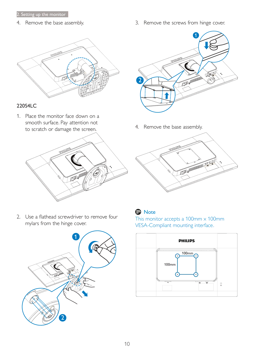 Philips 220S4LSB/27 user manual Remove the base assembly Mylars from the hinge cover 