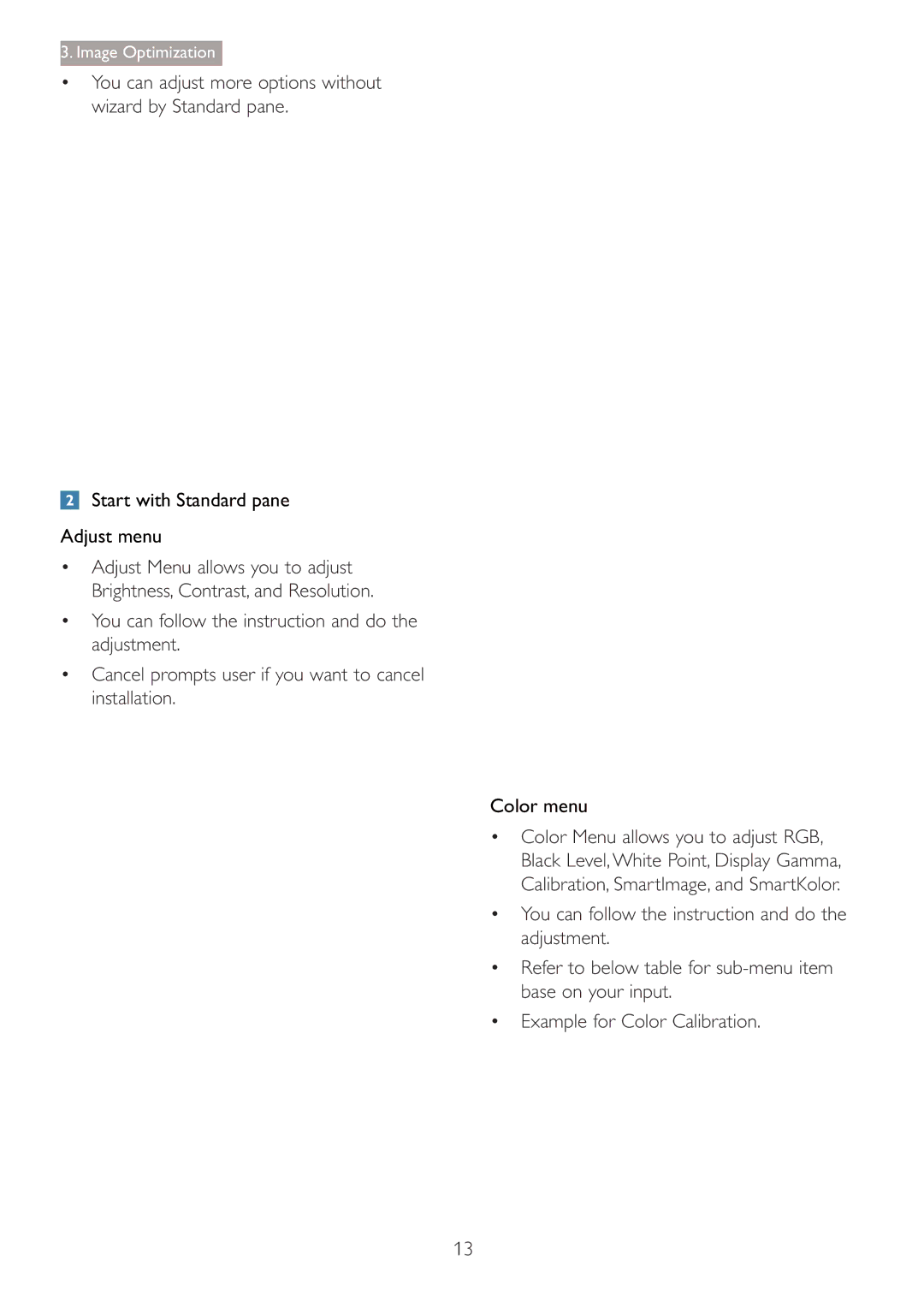 Philips 220S4LSB/27 user manual Start with Standard pane Adjust menu, Color menu 