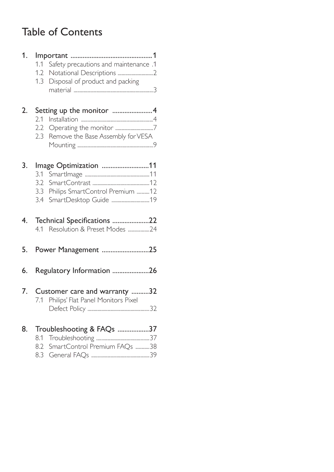 Philips 220S4LSB/27 user manual Table of Contents 