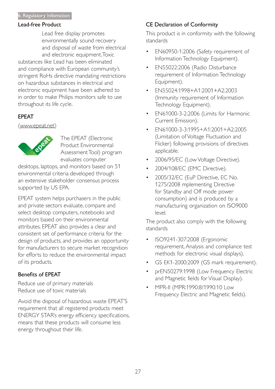 Philips 220S4LSB/27 user manual Lead-free Product, Epeat Electronic Product Environmental, CE Declaration of Conformity 