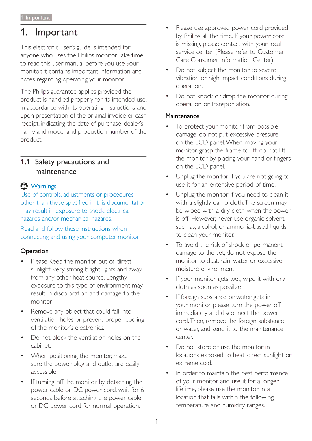 Philips 220S4LSB/27 user manual Safety precautions and maintenance, Operation, Maintenance 