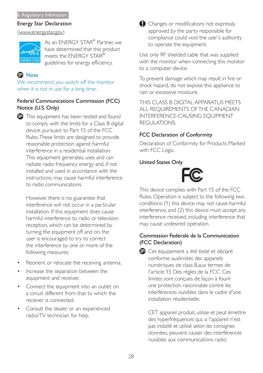 Philips 220S4LSB/27 user manual Declaration of Conformity for Products Marked with FCC Logo 