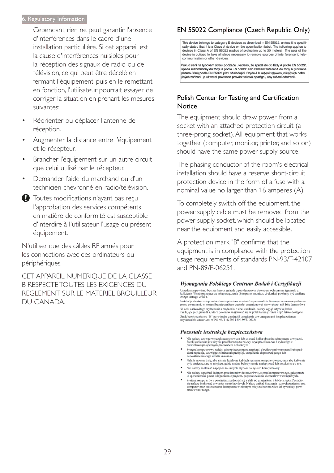 Philips 220S4LSB/27 user manual EN 55022 Compliance Czech Republic Only 