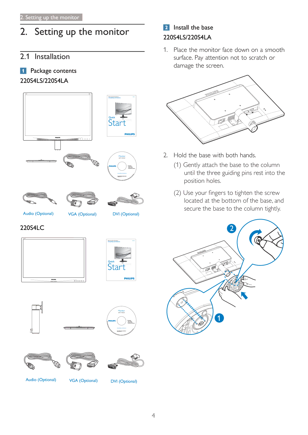 Philips 220S4LSB/27 user manual Setting up the monitor, Installation, 220S4LC 