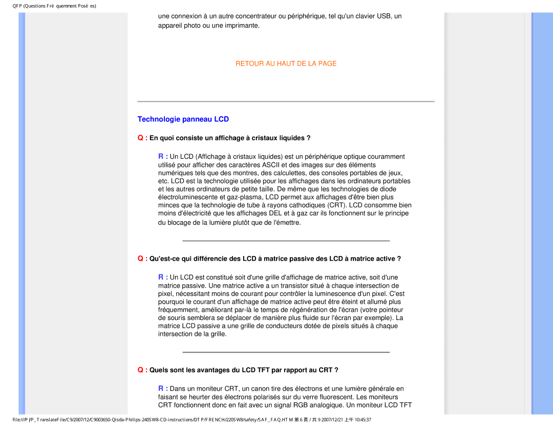 Philips 220SW8 user manual Technologie panneau LCD, En quoi consiste un affichage à cristaux liquides ? 