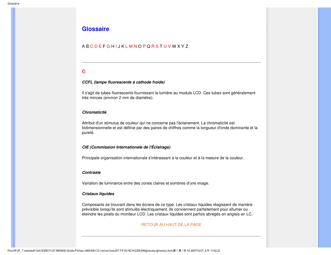 Philips 220SW8 user manual Glossaire 