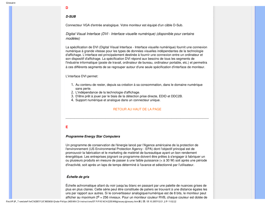 Philips 220SW8 user manual Programme Energy Star Computers, Échelle de gris 