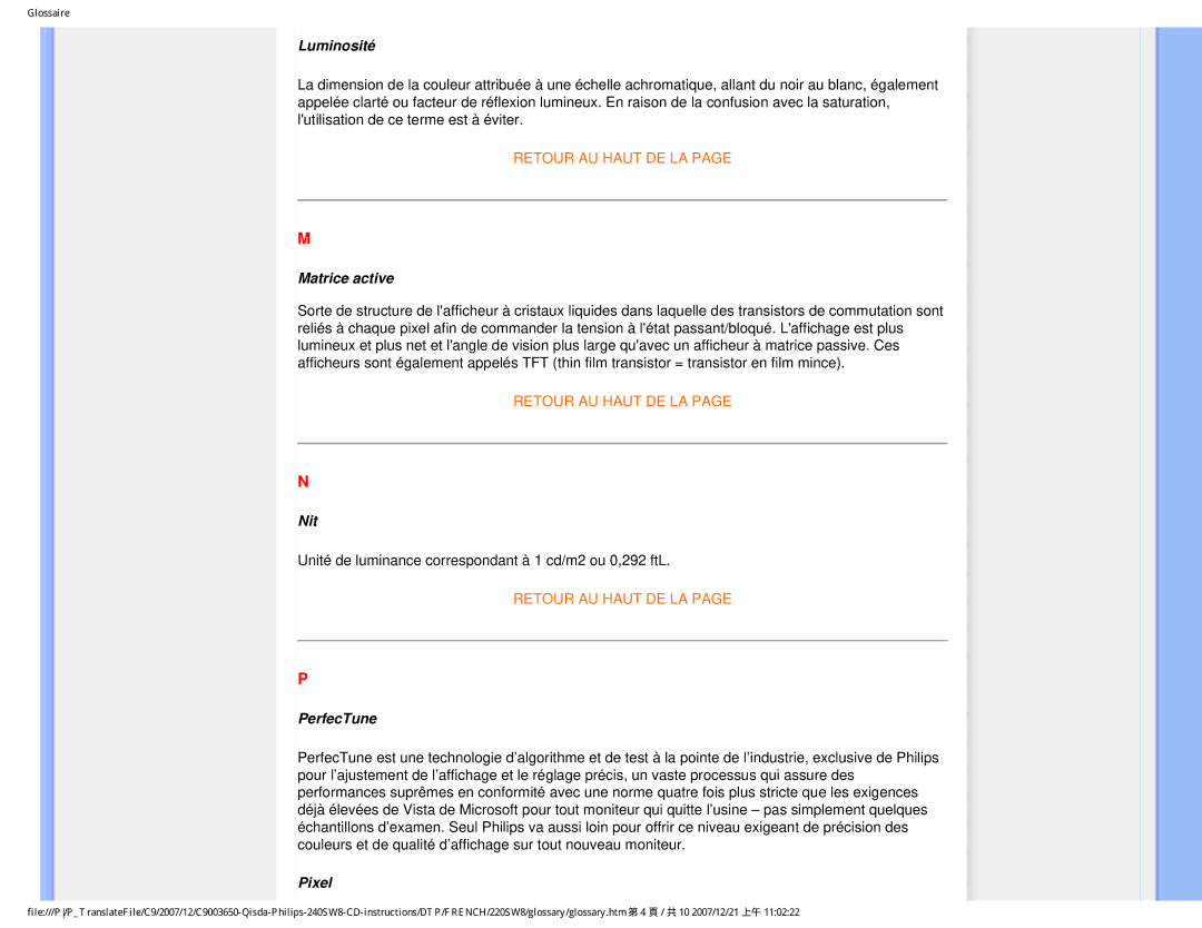 Philips 220SW8 user manual Luminosité, Matrice active, Nit, PerfecTune, Pixel 