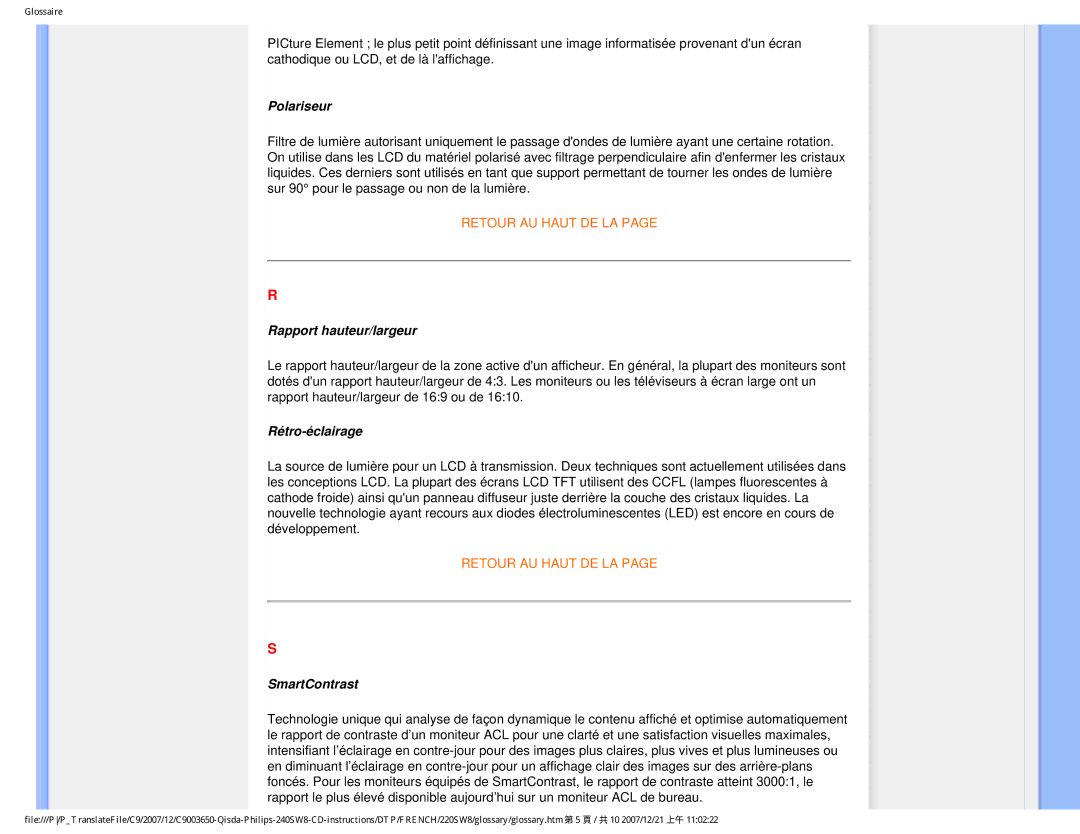 Philips 220SW8 user manual Polariseur, Rapport hauteur/largeur, Rétro-éclairage, SmartContrast 