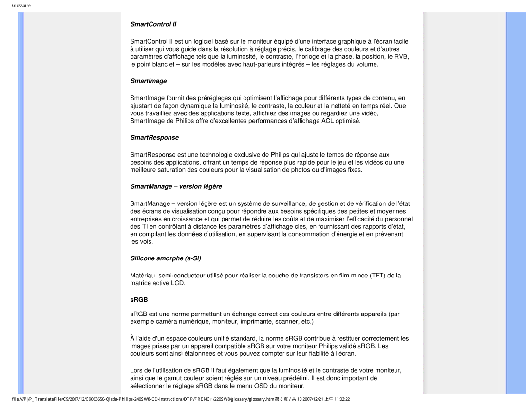 Philips 220SW8 user manual SmartControl, SmartImage, SmartResponse, SmartManage version légère, Silicone amorphe a-Si 