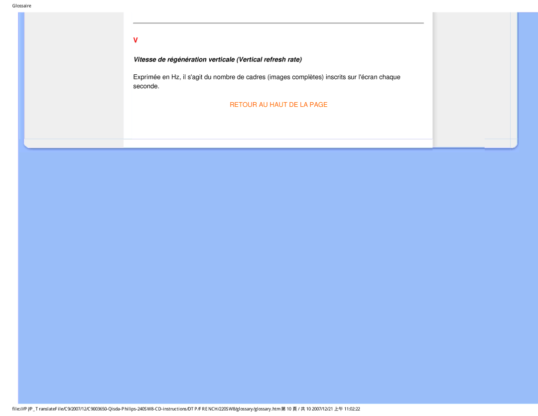 Philips 220SW8 user manual Vitesse de régénération verticale Vertical refresh rate 