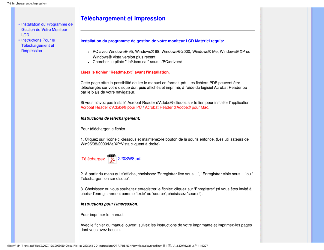 Philips 220SW8 user manual Téléchargement et impression, Lcd, Instructions de téléchargement, Instructions pour limpression 