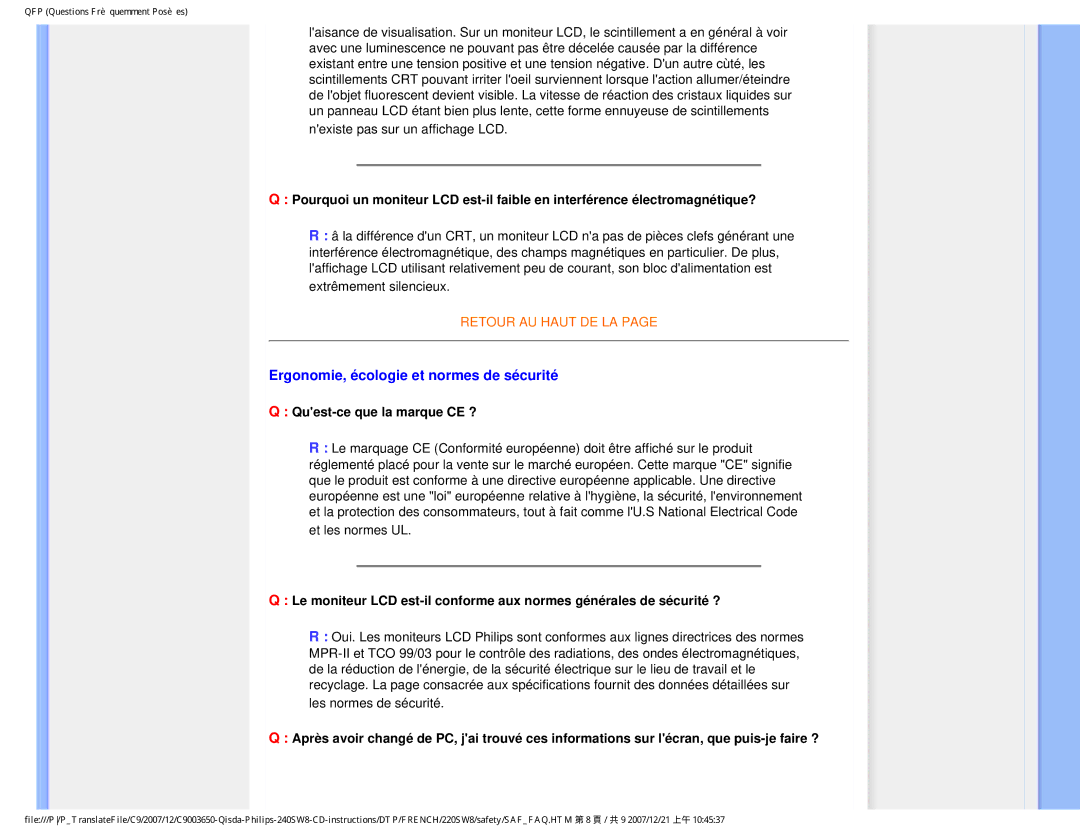 Philips 220SW8 user manual Ergonomie, écologie et normes de sécurité, Quest-ce que la marque CE ? 