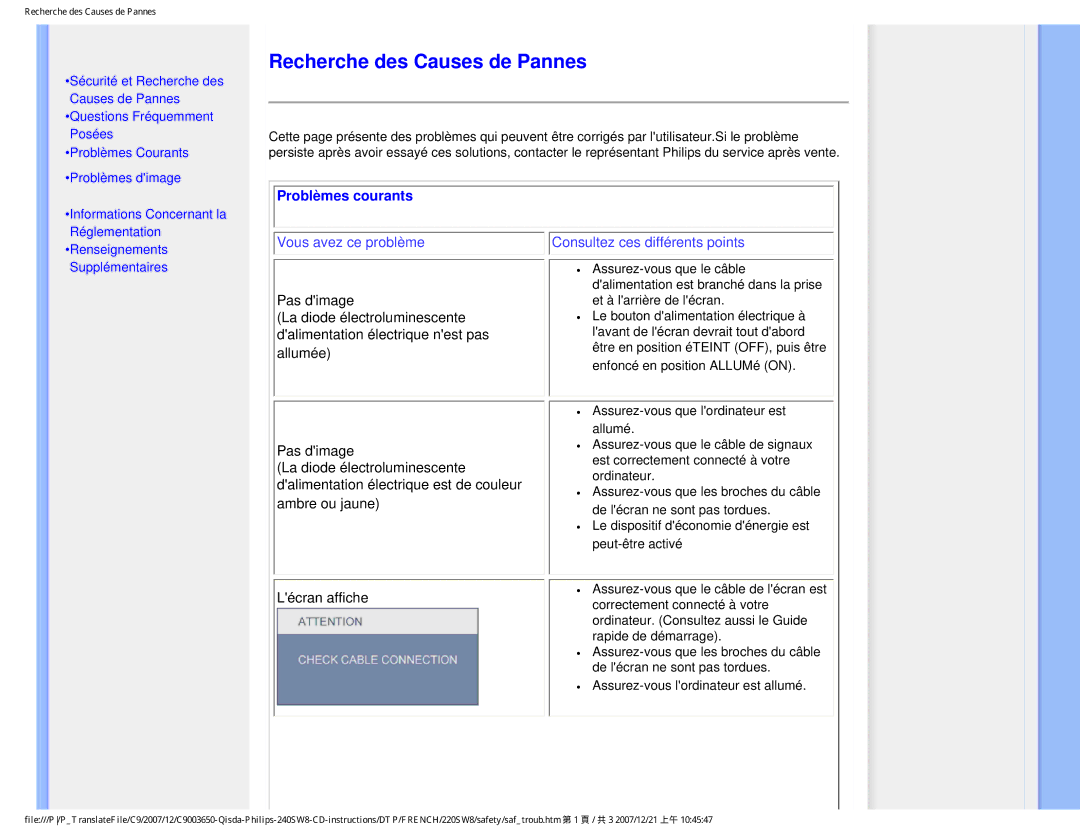 Philips 220SW8 user manual Recherche des Causes de Pannes, Problèmes courants 