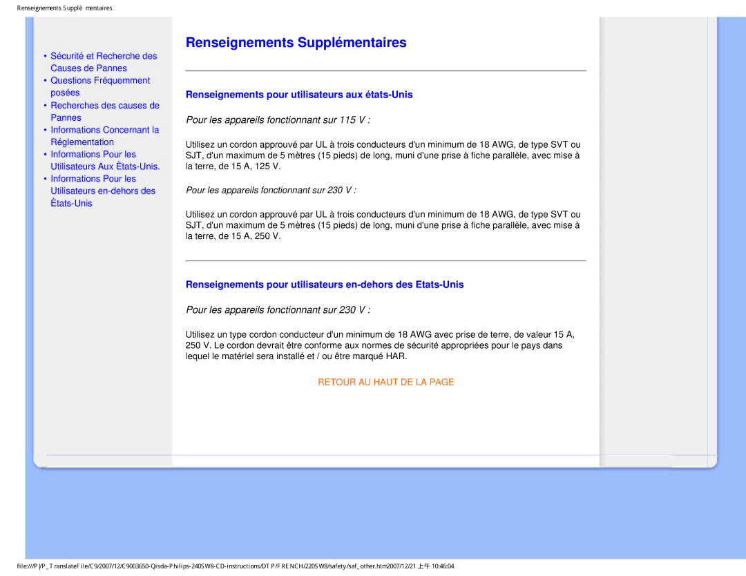 Philips 220SW8 user manual Renseignements Supplémentaires, Renseignements pour utilisateurs aux états-Unis 