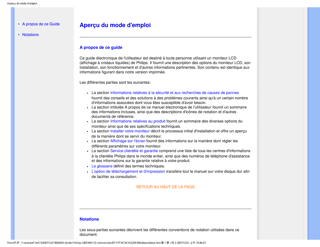 Philips 220SW8 user manual Aperçu du mode demploi, Propos de ce guide, Notations 