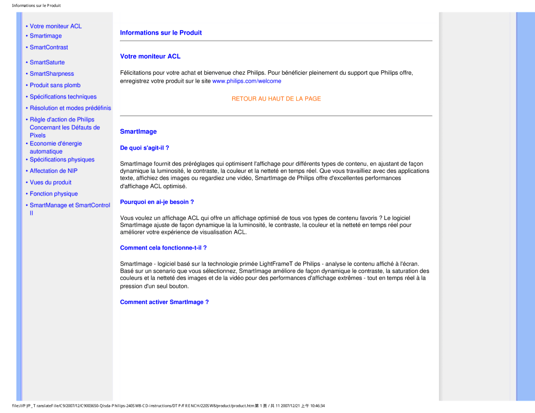 Philips 220SW8 user manual Informations sur le Produit Votre moniteur ACL, SmartImage 
