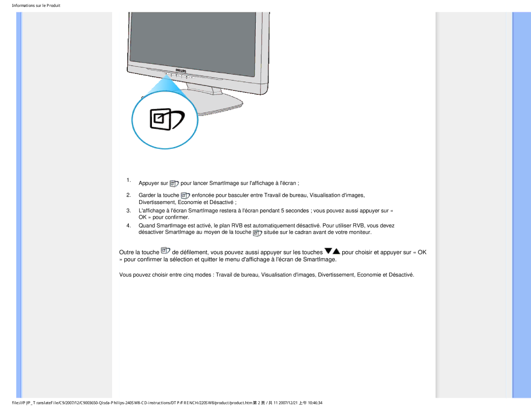 Philips 220SW8 user manual Informations sur le Produit 