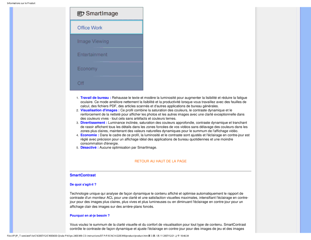 Philips 220SW8 user manual SmartContrast, De quoi sagit-il ?, Pourquoi en ai-je besoin ? 