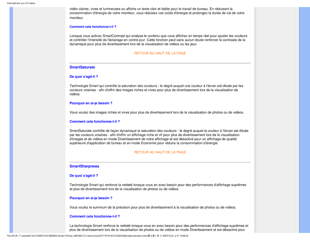 Philips 220SW8 user manual SmartSaturate, SmartSharpness, Comment cela fonctionne-t-il ? 