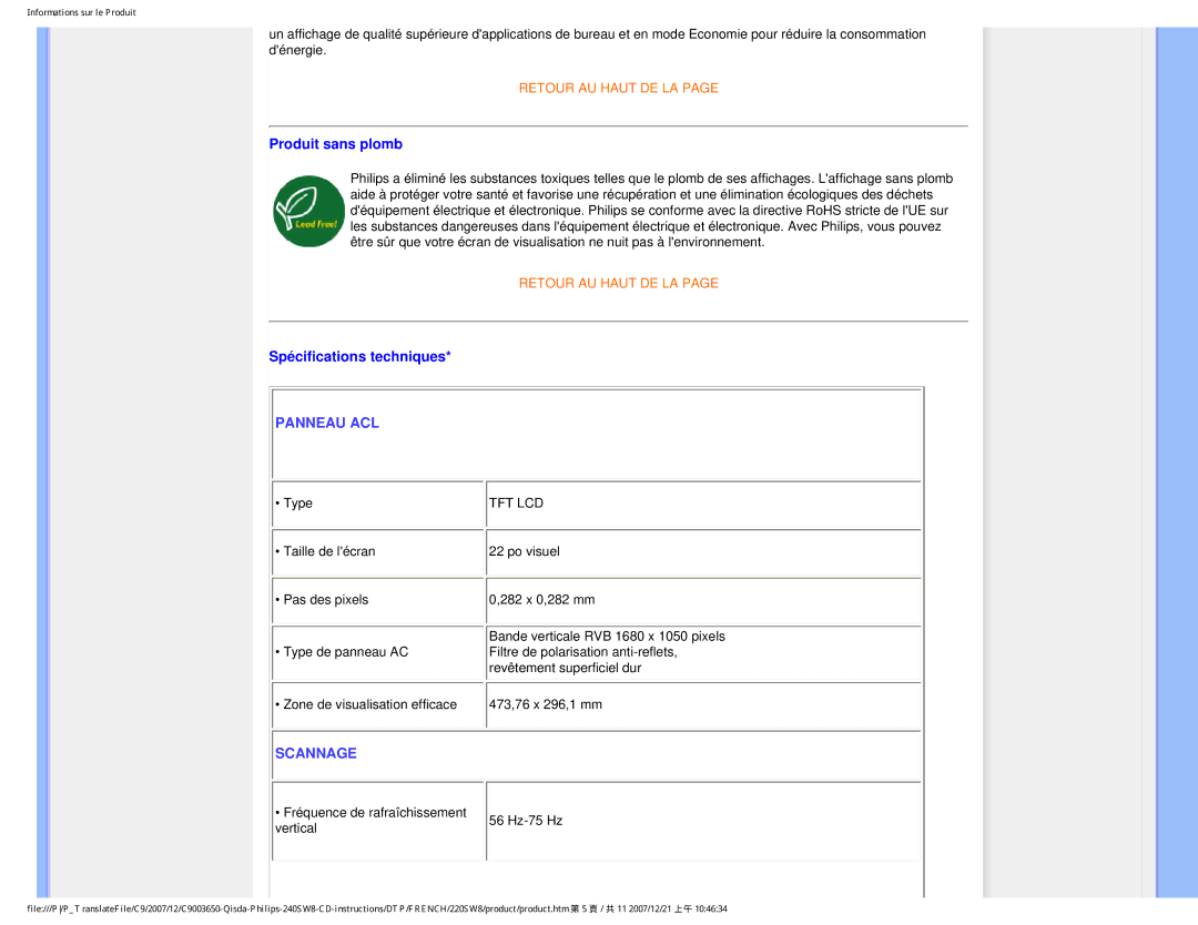 Philips 220SW8 user manual Produit sans plomb, Spécifications techniques 