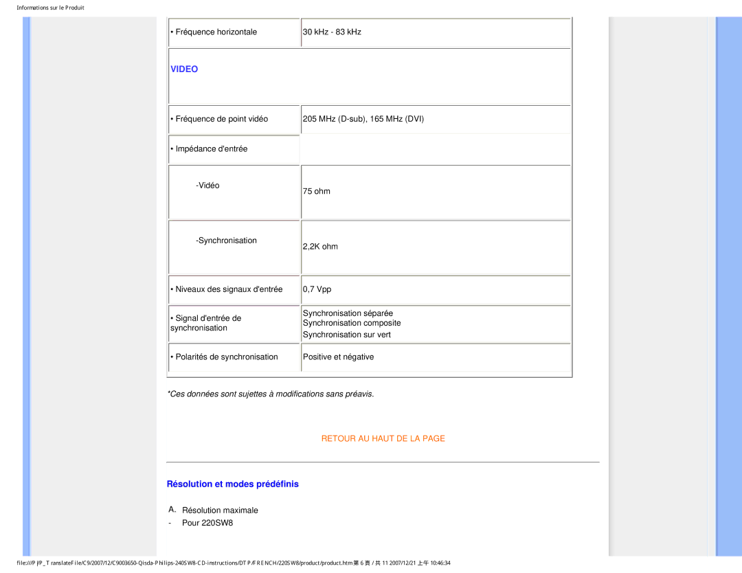 Philips 220SW8 user manual Video, Résolution et modes prédéfinis 