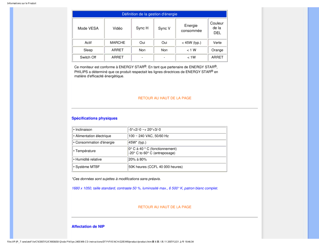 Philips 220SW8 user manual Spécifications physiques, Affectation de NIP 