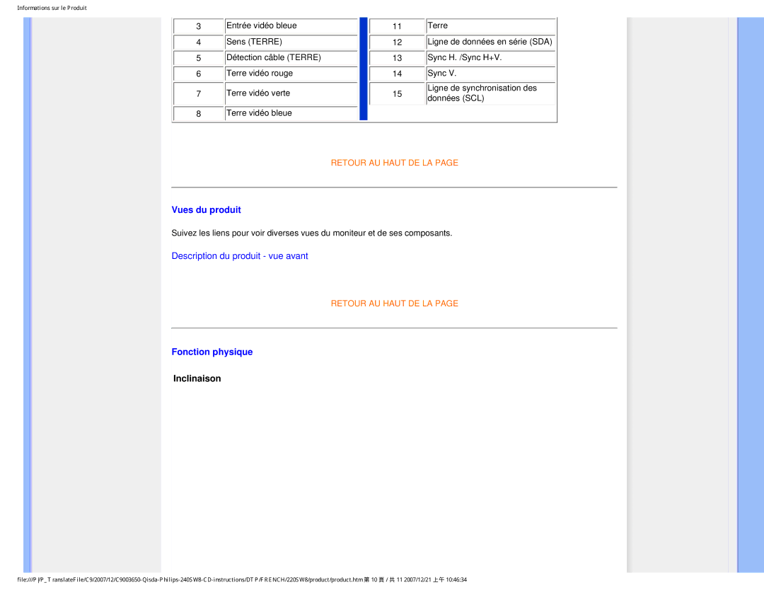 Philips 220SW8 user manual Vues du produit, Fonction physique, Inclinaison 